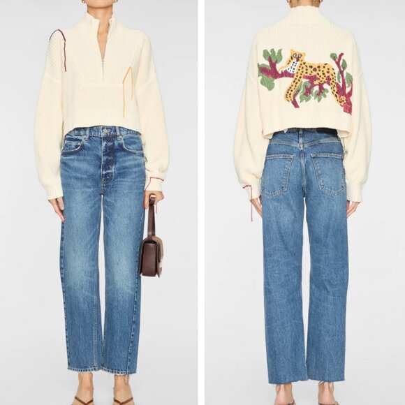 BEST STAUD Cropped Hampton Sweater Jungle Leopard Embroidered Knit - Picture 1 of 9